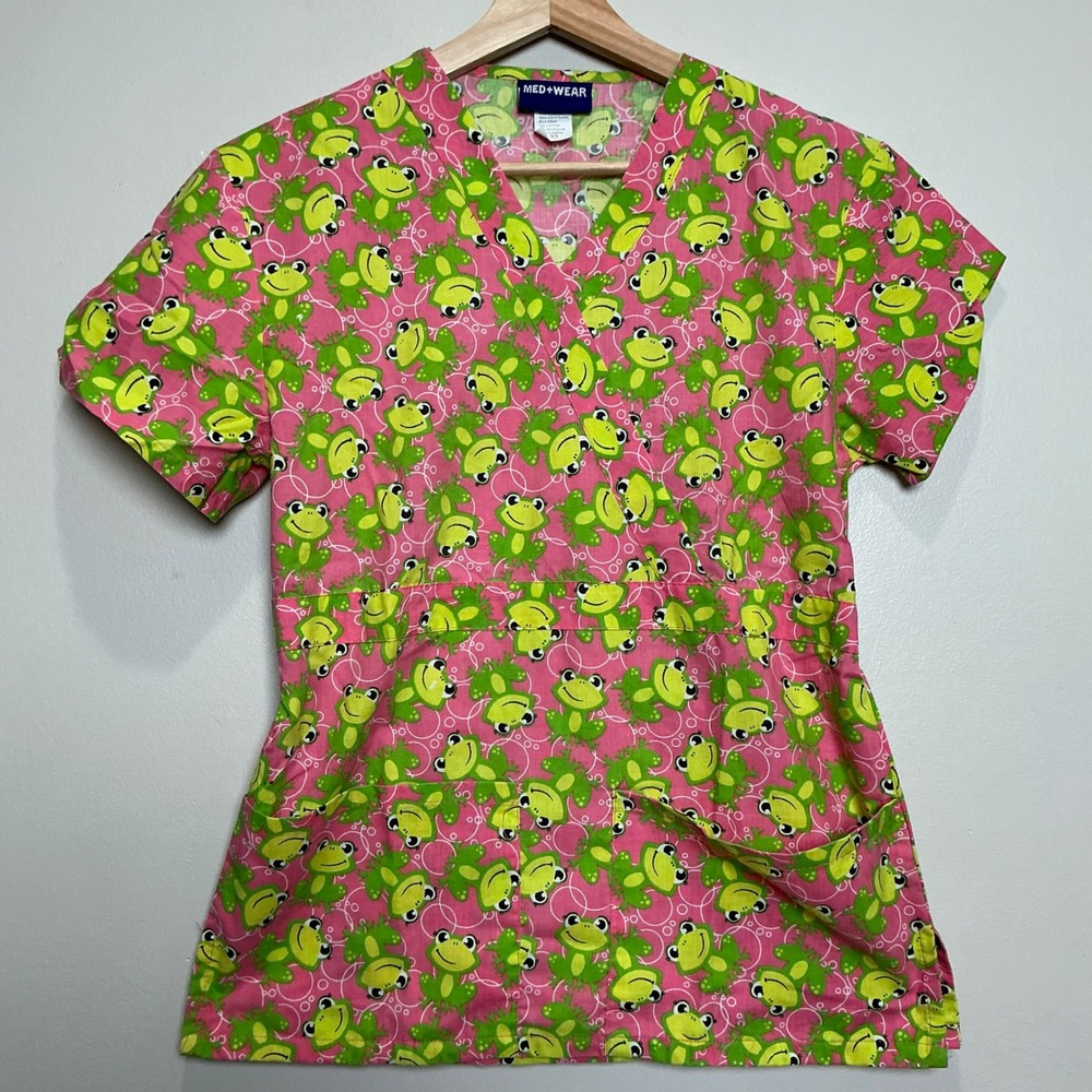 Med+Wear Frog Print Scrub Top V-Neck Women XS Pink Green Animal Nurse